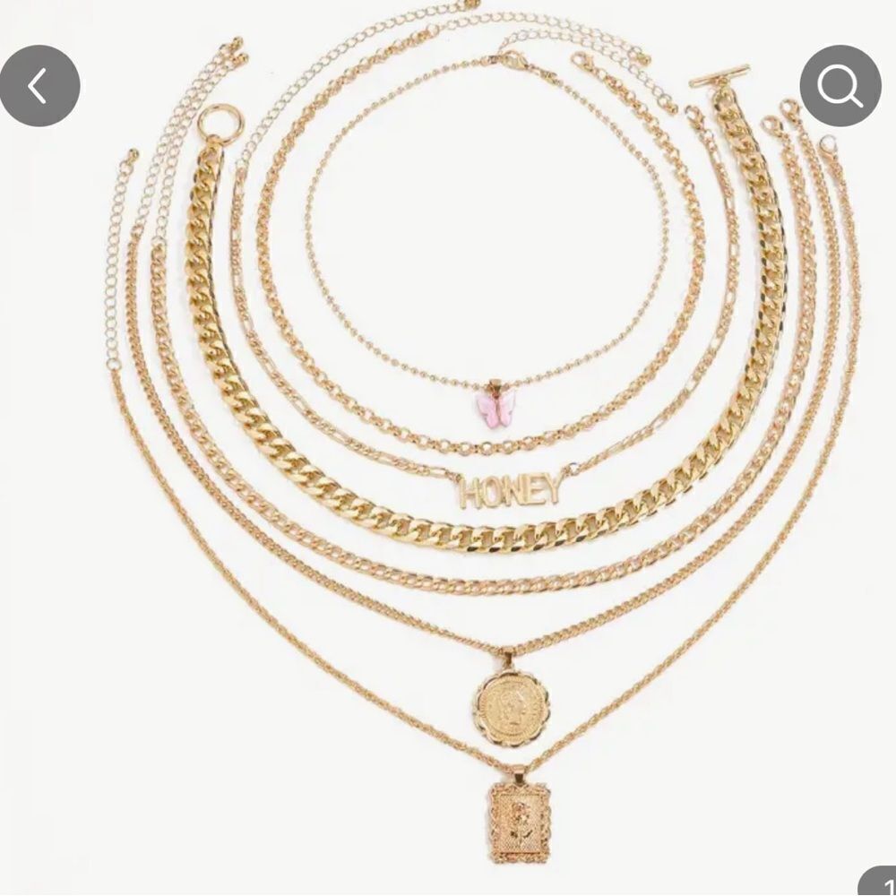 Gold and Pink 7 Layered Necklace with Pendant Details - Picture 7 of 7